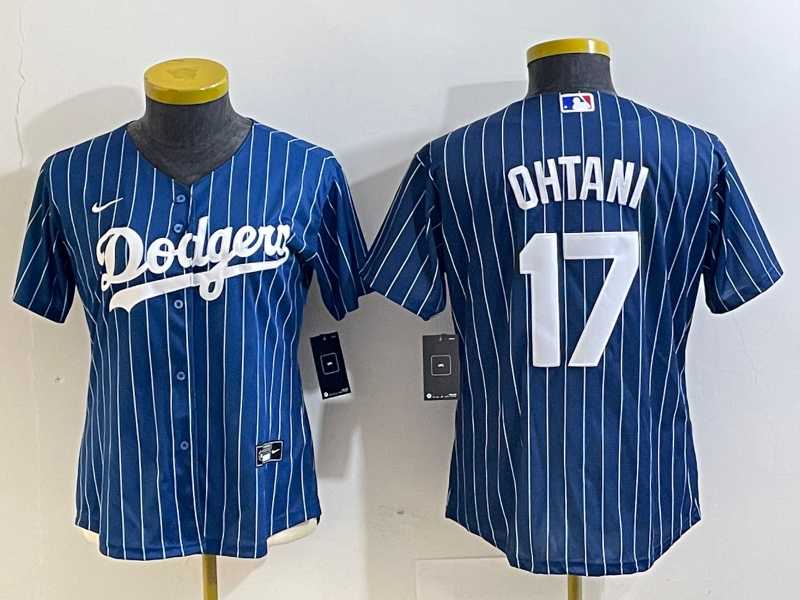 Women%27s Los Angeles Dodgers #17 Shohei Ohtani Red Navy Blue Pinstripe Stitched Cool Base Nike Jersey1->los angeles dodgers->MLB Jersey
